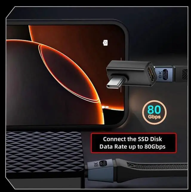 Alt view image 7 of 7 - 90 Degree Right Angle USB-C Extender Adapter, USB4 Type C Male to Female Elbow Connector, 80Gbps Data Transfer, PD 240W Fast Charging, 16K/8K/5K DP Alt Mode Video Output for Thunderbolt 5/4 Laptop, Ha