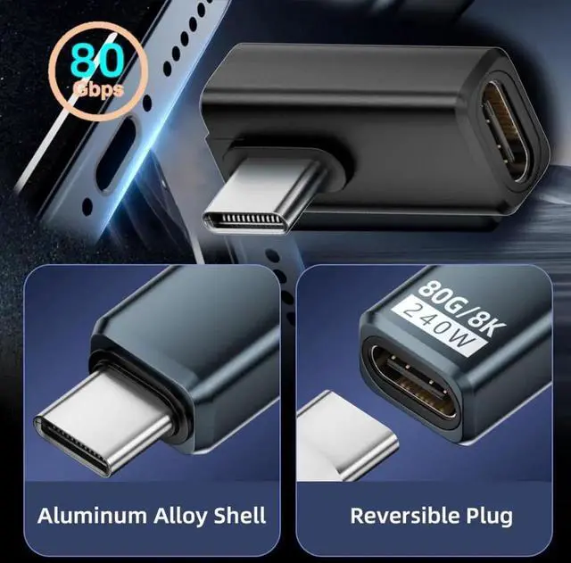 Alt view image 6 of 7 - 90 Degree Right Angle USB-C Extender Adapter, USB4 Type C Male to Female Elbow Connector, 80Gbps Data Transfer, PD 240W Fast Charging, 16K/8K/5K DP Alt Mode Video Output for Thunderbolt 5/4 Laptop, Ha