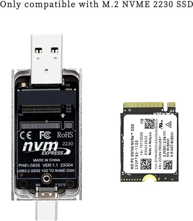 Alt view image 6 of 7 - PH811S-AC M.2 NVMe 2230 SSD Enclosure, USB3.2 Gen2 10Gbps Portable External SSD Case with Built-in USB-A + USB-C Dual Plug for Laptop, PC, Android Phone & Steam Deck