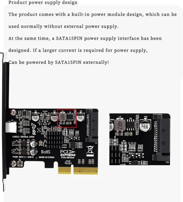 Alt view image 3 of 7 - PH66 PCIe 3.0 X4 to USB-C Expansion Card, Single USB3.2 Gen2x2 20Gbps Type-C PCI-E Add-on Card with Full & Low Profile Bracket + SATA 15PIN Auxiliary Power for Desktop PC
