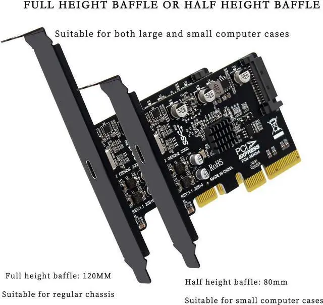 Alt view image 4 of 7 - PH66 PCIe 3.0 X4 to USB-C Expansion Card, Single USB3.2 Gen2x2 20Gbps Type-C PCI-E Add-on Card with Full & Low Profile Bracket + SATA 15PIN Auxiliary Power for Desktop PC