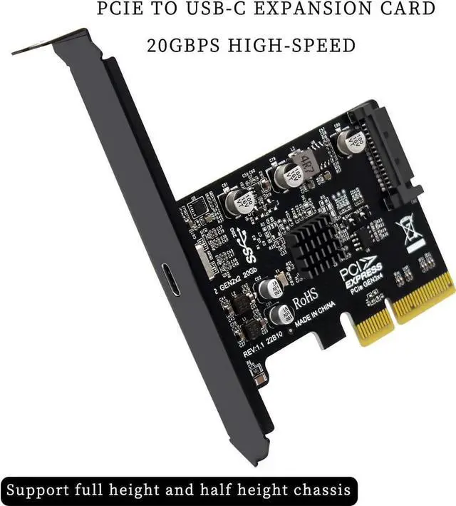 Alt view image 7 of 7 - PH66 PCIe 3.0 X4 to USB-C Expansion Card, Single USB3.2 Gen2x2 20Gbps Type-C PCI-E Add-on Card with Full & Low Profile Bracket + SATA 15PIN Auxiliary Power for Desktop PC