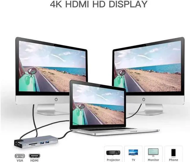 Alt view image 4 of 7 - 9-in-1 USB C Multiport Hub with 4K HDMI+VGA, Gigabit Ethernet, 2×USB3.0, PD Power Delivery, SD/TF Card Reader & 3.5mm Audio Jack, Portable Type C Dock Compatible with MacBook Pro & All USB-C Laptops