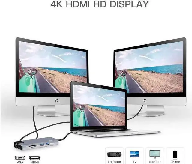 Alt view image 5 of 7 - 9-in-1 USB C Multiport Hub with 4K HDMI + VGA, Gigabit Ethernet, 2×USB3.0, SD/TF Card Reader, 3.5mm Audio Jack & USB-C PD Charging, Portable Type C Dock Compatible with MacBook Pro & All Full-Function
