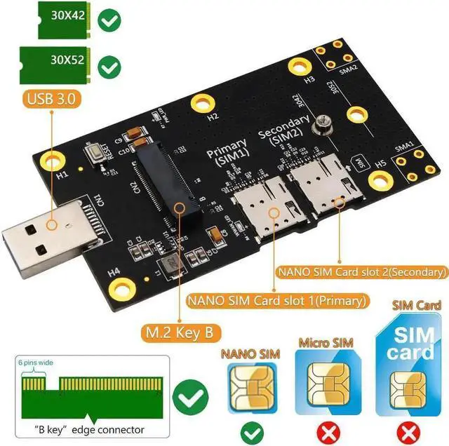 Alt view image 2 of 3 - NGFF M.2 Key B to USB3.0 Adapter Card with Dual Nano SIM Slot, Supports 3042/3052 Size 3G/4G/5G LTE WWAN Wireless Module for Desktop & Laptop