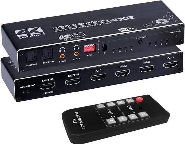 Main image of 4 in 2 Out HDMI 2.0 Matrix Switch 4K@60Hz RGB888 HDR10 HDCP2.2/1.4 with EDID, Auto Downscaling, IR Remote + SPDIF & 3.5mm Audio Ports, OZJ1