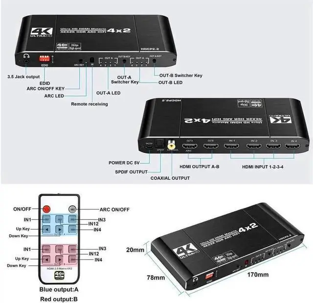 Alt view image 2 of 7 - 4x2 HDMI 2.0b Matrix Switch 4K@60Hz HDR10 HDCP2.2, 4 in 2 Out HDMI Matrix Splitter with Coaxial/Optical SPDIF +3.5mm L/R Audio Extractor, EDID Scaler & IR Remote Control