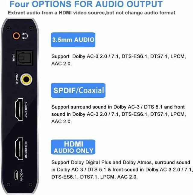 Alt view image 6 of 6 - 2 in 1 Out HDMI 2.0 Switch with Audio Extractor, 4K@60Hz HDMI Selector Box with 3.5mm AUX, Coaxial & Optical SPDIF for Apple TV, PS5, PS4, Xbox, Fire Stick