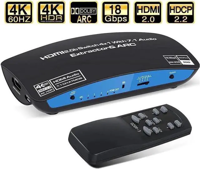 Main image of 4x1 HDMI Switch with Audio Extractor(OZQ9-1), 4K@60Hz HDR HDMI2.0 Switcher, SPDIF Optical+3.5mm AUX Output, Dolby 7.1CH Atmos & ARC Supported, HDCP2.2, 3D & 1080P@120Hz