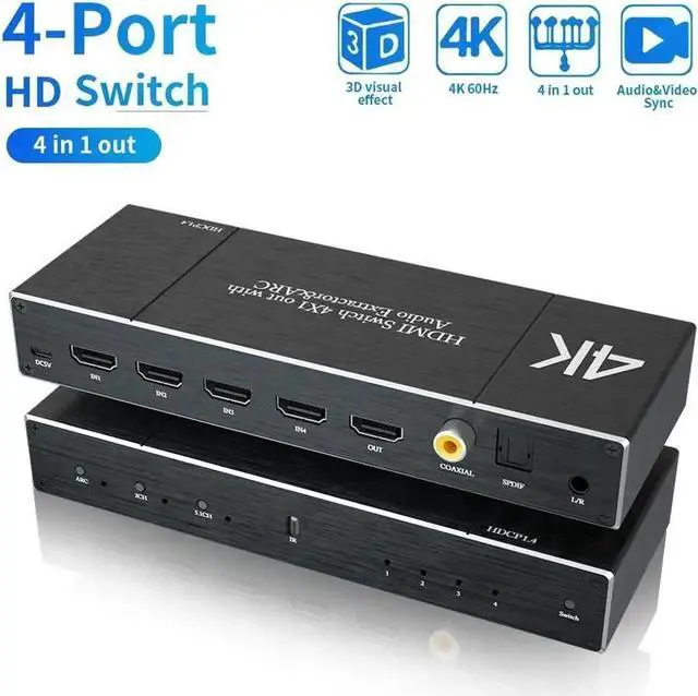 Main image of OZQ7 4-Port HDMI2.0 4K@60Hz Switch with Audio Extractor & ARC, 18Gbps HDR Dolby Vision HDMI Switcher, Coaxial+Optical SPDIF+3.5mm AUX Audio Output, HDCP2.2 with IR Remote