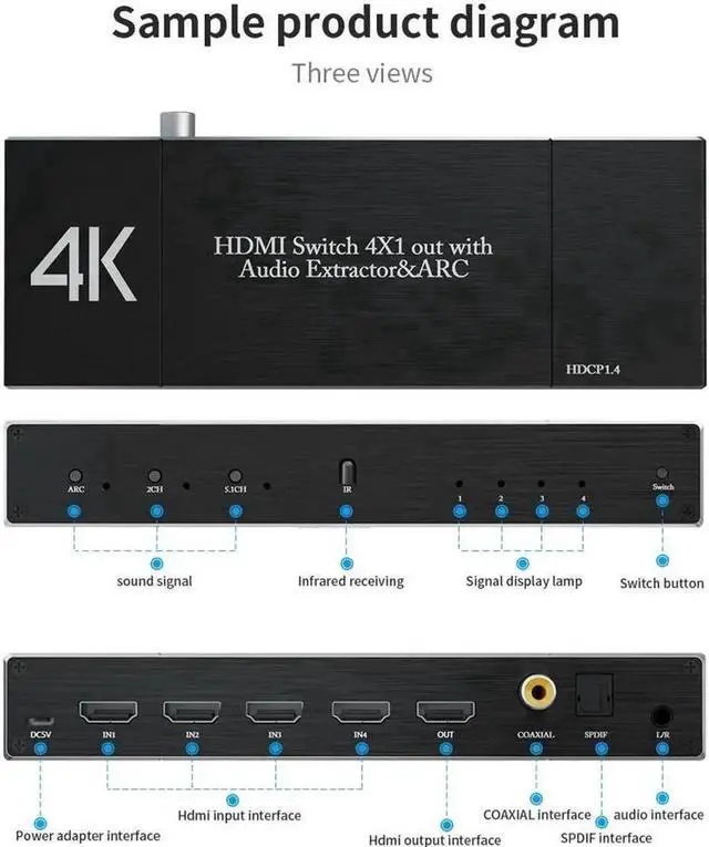 Alt view image 2 of 7 - OZQ7 4-Port HDMI2.0 4K@60Hz Switch with Audio Extractor & ARC, 18Gbps HDR Dolby Vision HDMI Switcher, Coaxial+Optical SPDIF+3.5mm AUX Audio Output, HDCP2.2 with IR Remote