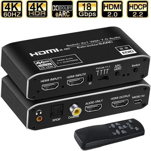 Main image of 2 in 1 Out HDMI 2.0 Switch with Audio Extractor, 4K@60Hz HDR HDMI Switcher with Optical SPDIF+Coaxial+3.5mm AUX, ARC Function & IR Remote, HDCP2.2 3D 1080P@120Hz for HDTV Soundbar PS5 Xbox PC