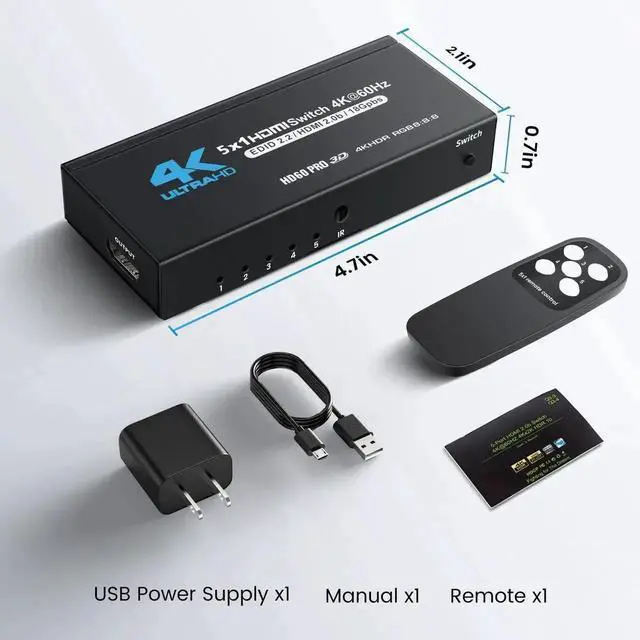 Alt view image 3 of 6 - 5 in 1 Out HDMI 2.0 Switch with IR Remote, 18Gbps 4K@60Hz HDMI Selector Box, HDR10 Dolby Vision Dolby Atmos HDCP2.2 for PS5 PS4 Xbox Nintendo Switch Roku Fire Stick HDTV