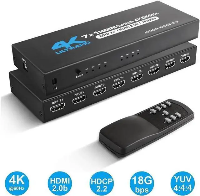 Main image of 7 in 1 Out HDMI 2.0 Switch with IR Remote Control, 18Gbps 4K@60Hz HDCP2.2 HDMI Selector Box, Full 3D Ultra HD 2160P 1080P HDMI Switcher for Game Consoles Fire Stick Blu-ray Laptop