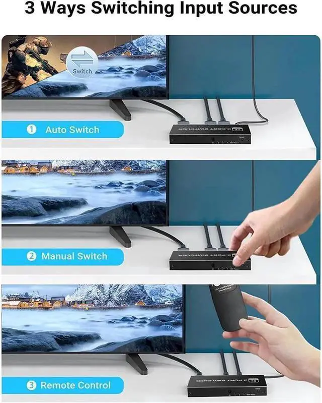 Alt view image 6 of 7 - 3 in 1 Out HDMI 2.1 Switch, 48Gbps 8K@60Hz 4K@120Hz Ultra HD HDMI Selector Switcher, HDCP2.3 HDR Dolby Vision for PS5 PS4 Xbox Blu-ray Monitor Projector