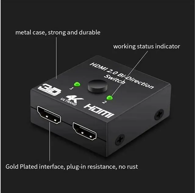 Alt view image 4 of 7 - Bi-Directional 2-Port HDMI Switch 2 in 1 Out /1 in 2 Out, HDCP Pass-Through 4K 3D 1080P 720P HDMI Hub Splitter, Plug & Play No External Power Required Black
