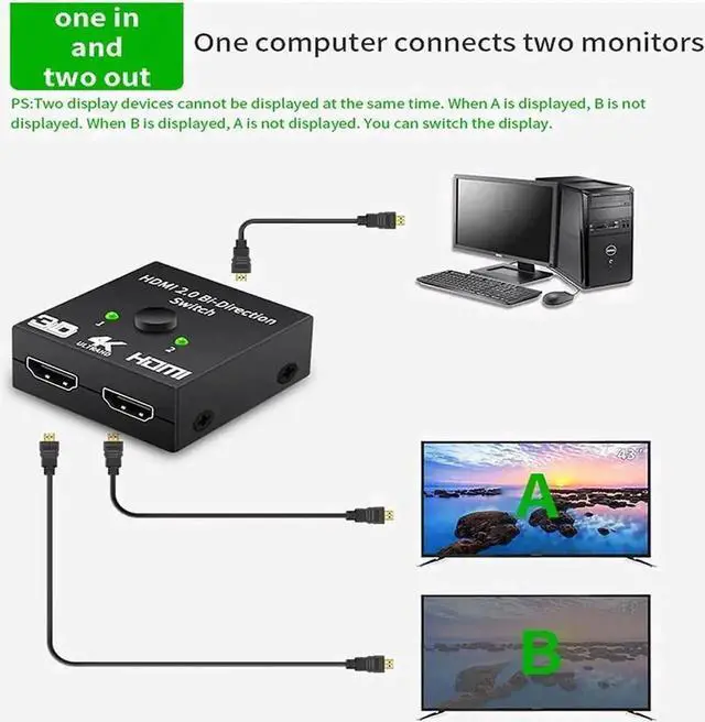 Alt view image 7 of 7 - Bi-Directional 2-Port HDMI Switch 2 in 1 Out /1 in 2 Out, HDCP Pass-Through 4K 3D 1080P 720P HDMI Hub Splitter, Plug & Play No External Power Required Black