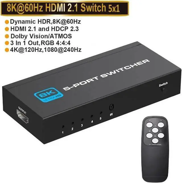 Main image of OZ8Q5 HDMI 2.1 Switch 5 in 1 Out with IR Remote, 48Gbps 8K@60Hz 4K@120Hz HDMI Selector Box Support Dolby Vision HDR10 HDCP2.3 3D for PS5 PS4 Xbox Nintendo Fire Stick TV Projector