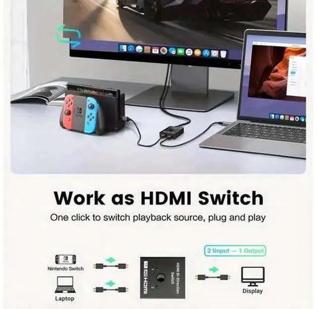 Alt view image 4 of 6 - 4K@60Hz Bi-Directional HDMI 2.0 Switch HDCP 2.2, 2 In 1 Out /1 In 2 Out HDMI Switcher Support HDR 3D Compatible with PS5 PS4 Xbox Roku HDTV Monitor