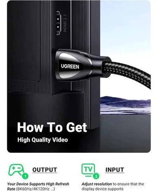 Alt view image 3 of 7 - UGREEN 8K HDMI 2.1 Braided Cable, Ultra High Speed 48Gbps, 8K60Hz 4K120Hz Dynamic HDR HDR10 eARC, HDMI Cord 6FT Compatible with MacBook Pro 2021, PS5, PS4, Xbox, Roku, UHD TV, Blu-ray, Projector