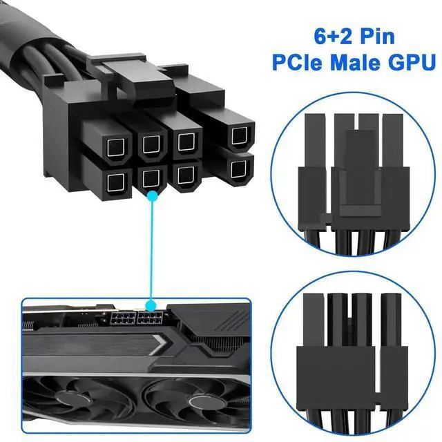 Alt view image 2 of 7 - PCIe VGA Power Extension Cable, PCIe 8 Pin Male to 6+2 Pin Male GPU Cord, 18AWG 10A Rated, 60cm/23.6 Inch for Supernova PSU, PC Modding