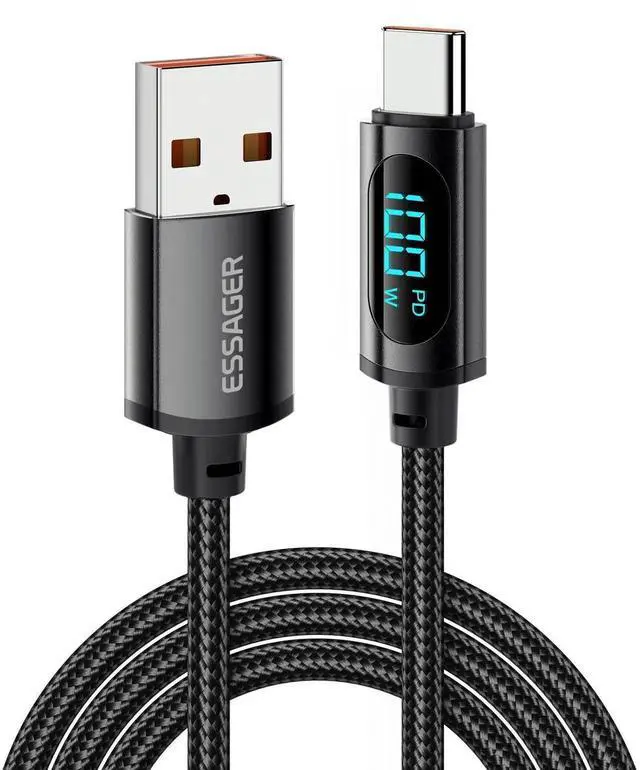 Main image of Essager USB-C Fast Charging Cable with LED Power Display, 7A 100W PD QC Charging Cord, Built-in E-Marker Chip, 480Mbps Data Transfer, Aluminum Alloy Nylon Braided Cable Compatible with MacBook, iPad,