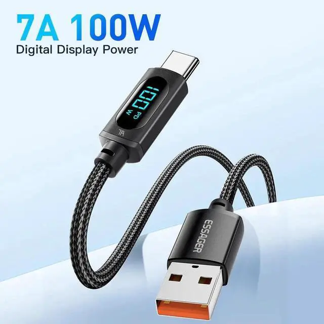 Alt view image 5 of 7 - Essager USB-C Fast Charging Cable with LED Power Display, 7A 100W PD QC Charging Cord, Built-in E-Marker Chip, 480Mbps Data Transfer, Aluminum Alloy Nylon Braided Cable Compatible with MacBook, iPad,