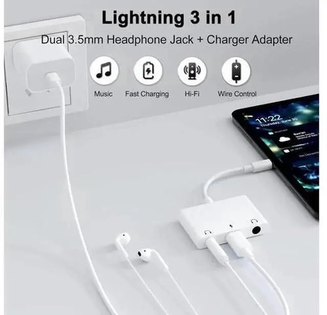 Alt view image 2 of 7 - 3 in 1 Dual 3.5mm Headphone Jack Adapter, Audio & Charging Earphone Splitter Compatible with iPhone 14/13/12/11/X/8/iPad, Supports iOS 13 and Above, White