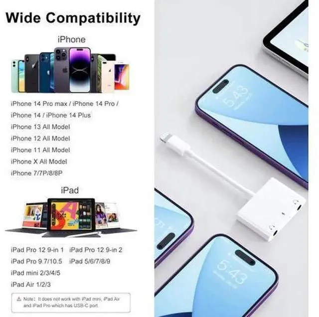 Alt view image 6 of 7 - 3 in 1 Dual 3.5mm Headphone Jack Adapter, Audio & Charging Earphone Splitter Compatible with iPhone 14/13/12/11/X/8/iPad, Supports iOS 13 and Above, White
