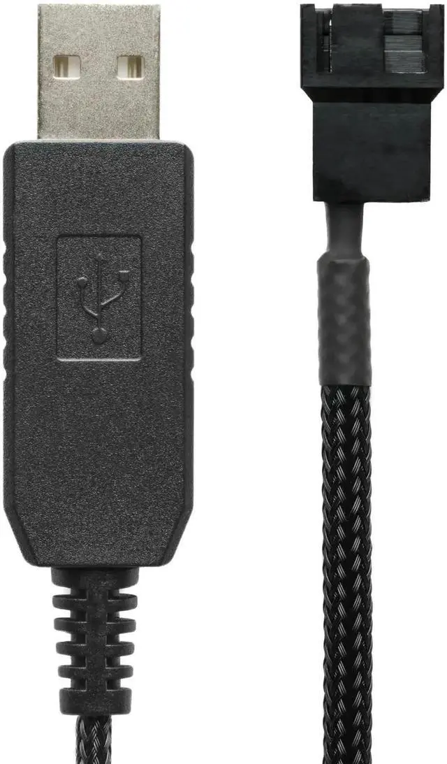 Main image of 12V Step-Up USB Fan Power Adapter Cable, 24 Inch (60cm) Black Sleeved Wire, Full Speed Fan Power Cord for 3-Pin & 4-Pin PC Cooling Fans
