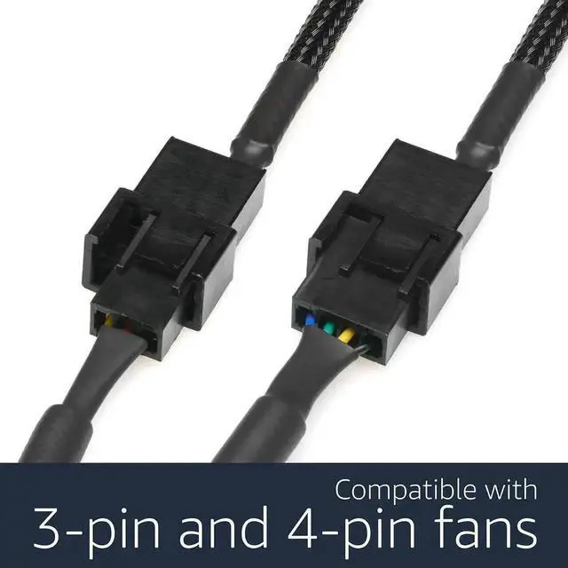 Alt view image 5 of 7 - 12V Step-Up USB Fan Power Adapter Cable, 24 Inch (60cm) Black Sleeved Wire, Full Speed Fan Power Cord for 3-Pin & 4-Pin PC Cooling Fans
