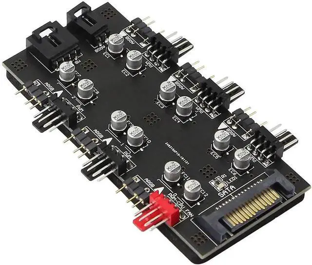 Main image of 2-in-1 Fan Hub, 6-Way 12V 4Pin PWM + 5V 3Pin ARGB Splitter with SATA 15Pin Power, Addressable RGB Sync Fan PCB Controller, Black for Desktop PC Cooling