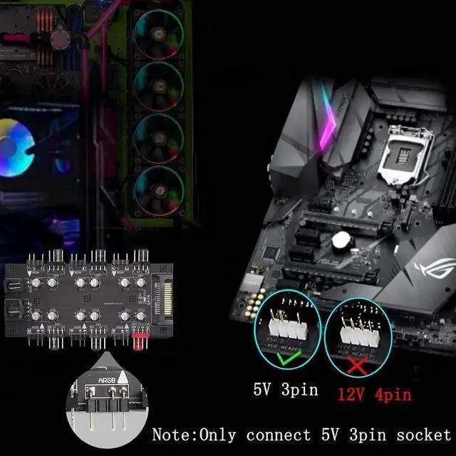 Alt view image 7 of 7 - 2-in-1 Fan Hub, 6-Way 12V 4Pin PWM + 5V 3Pin ARGB Splitter with SATA 15Pin Power, Addressable RGB Sync Fan PCB Controller, Black for Desktop PC Cooling