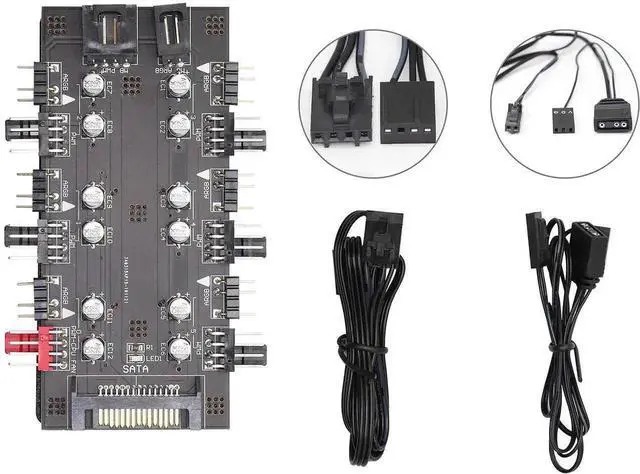 Alt view image 4 of 7 - 2-in-1 Fan Hub, 6-Way 12V 4Pin PWM + 5V 3Pin ARGB Splitter with SATA 15Pin Power, Addressable RGB Sync Fan PCB Controller, Black for Desktop PC Cooling