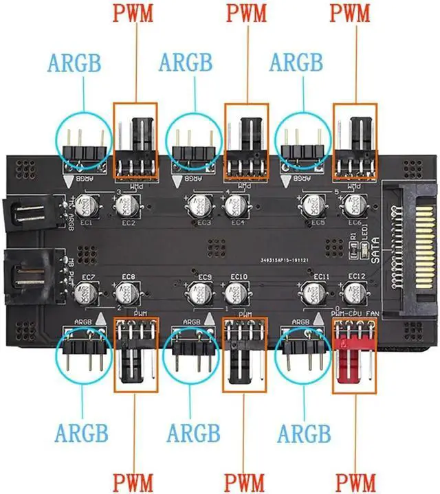 Alt view image 5 of 7 - 2-in-1 Fan Hub, 6-Way 12V 4Pin PWM + 5V 3Pin ARGB Splitter with SATA 15Pin Power, Addressable RGB Sync Fan PCB Controller, Black for Desktop PC Cooling