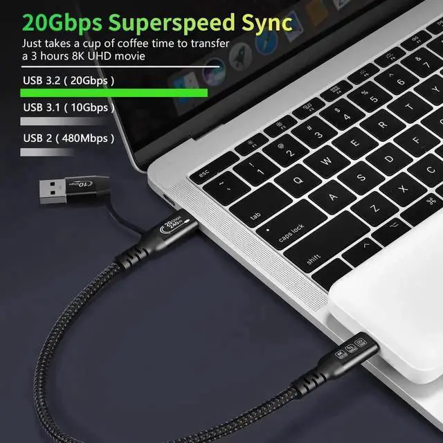 Alt view image 7 of 7 - 2-in-1 USB A to USB C Cable 100CM, USB 3.2 Gen 2x2 20Gbps Data, 8K@60Hz UHD Video, 240W 5A PD3.1 Fast Charging Cord, Compatible with Thunderbolt 3/4, MacBook Pro, Samsung Devices