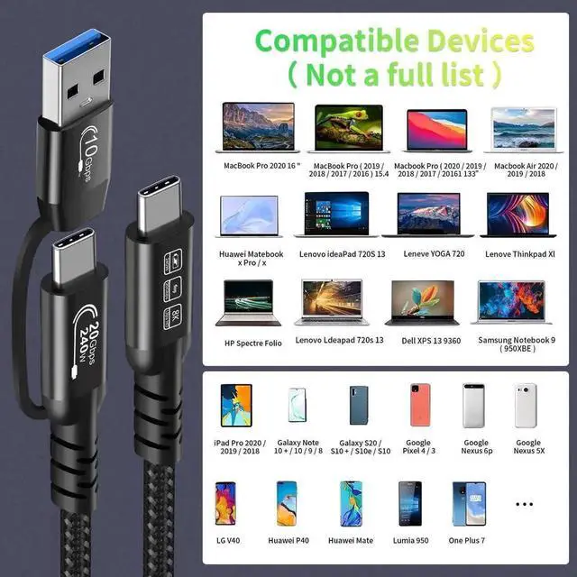 Alt view image 5 of 7 - 2-in-1 USB A to USB C Cable 100CM, USB 3.2 Gen 2x2 20Gbps Data, 8K@60Hz UHD Video, 240W 5A PD3.1 Fast Charging Cord, Compatible with Thunderbolt 3/4, MacBook Pro, Samsung Devices