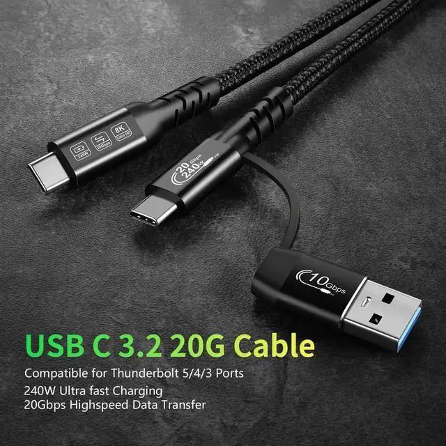 Alt view image 3 of 7 - 2-in-1 USB A to USB C Cable 100CM, USB 3.2 Gen 2x2 20Gbps Data, 8K@60Hz UHD Video, 240W 5A PD3.1 Fast Charging Cord, Compatible with Thunderbolt 3/4, MacBook Pro, Samsung Devices