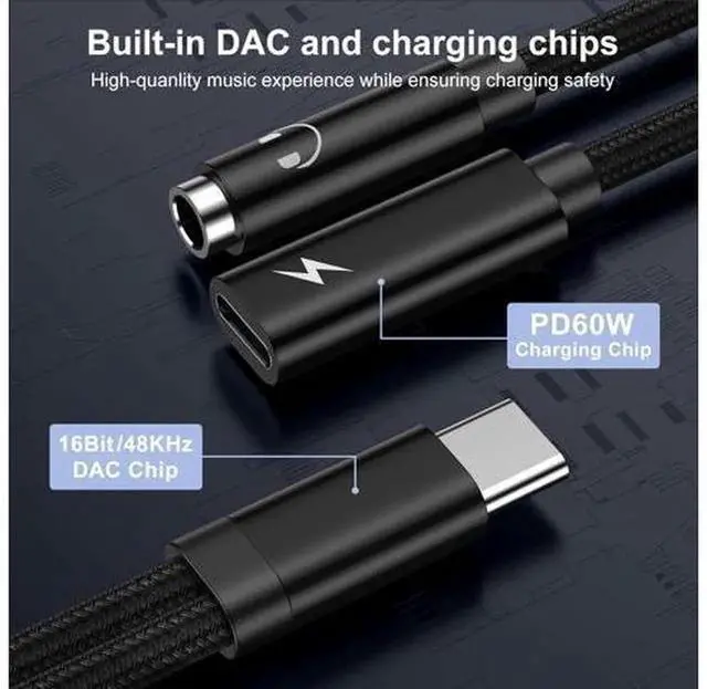 Alt view image 5 of 7 - 2 in 1 USB C to 3.5mm Headphone and Charger Adapter, Type C to Aux Audio Jack Dongle with PD 60W Fast Charging Compatible with Galaxy S25 S24 S23 Ultra A55 A35 A16 A15 A54, iPhone 16