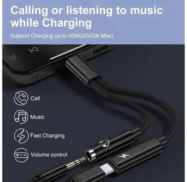 Alt view image 3 of 7 - 2 in 1 USB C to 3.5mm Headphone and Charger Adapter, Type C to Aux Audio Jack Dongle with PD 60W Fast Charging Compatible with Galaxy S25 S24 S23 Ultra A55 A35 A16 A15 A54, iPhone 16