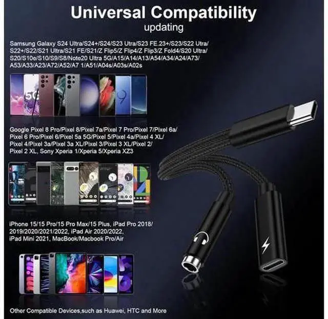 Alt view image 7 of 7 - 2 in 1 USB C to 3.5mm Headphone and Charger Adapter, Type C to Aux Audio Jack Dongle with PD 60W Fast Charging Compatible with Galaxy S25 S24 S23 Ultra A55 A35 A16 A15 A54, iPhone 16