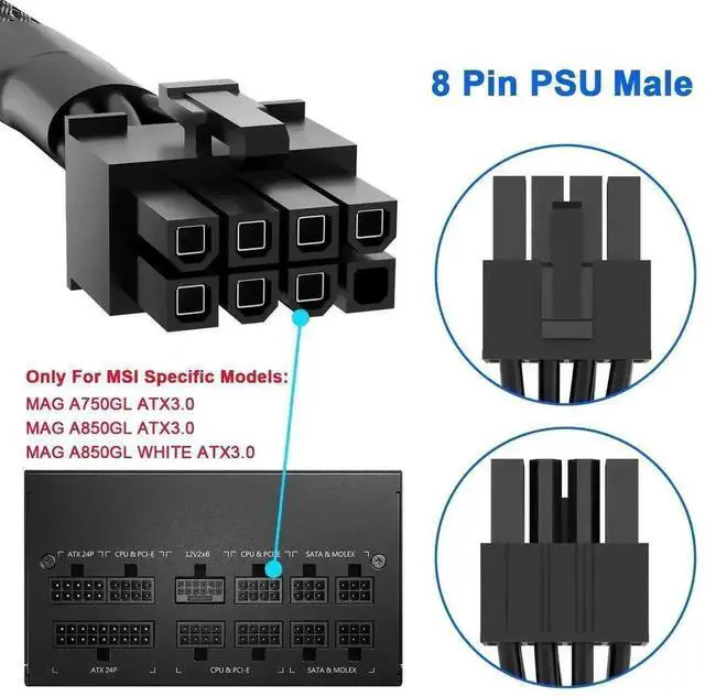 Alt view image 5 of 7 - PCIe GPU Power Extension Cable for MSI Modular PSU, 8 Pin Male to 6+2 Pin Male, 18AWG 10A Black Braided Wire 65CM(25.6 Inch), Compatible with MSI MAG A750GL A850GL Power Supply