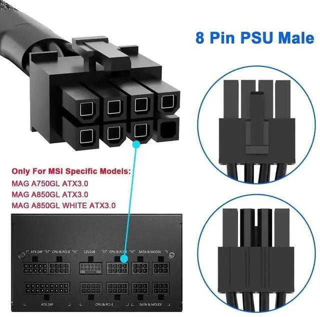 Alt view image 6 of 7 - PCIe Modular PSU Cable for MSI Power Supply, 8 Pin Male to 6+2 Pin Male GPU Power Extension Cord, 18AWG 10A, 65CM(25.6 Inch) Black Braided, Compatible with MSI MAG A750GL A850GL