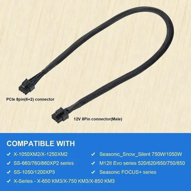 Alt view image 2 of 7 - PCIe Modular PSU Cable for Seasonic, 8 Pin Male to Dual PCIe 8Pin (6+2) Male GPU Power Cord, 65CM Black Braided for Seasonic Fully Modular Power Supply