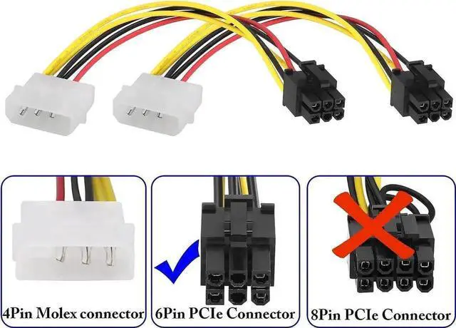 Alt view image 3 of 7 - 4 Pin Molex Male to 6 Pin PCIe Male Graphics Card Power Adapter Cable, Molex to PCI-E 6Pin Express Power Conversion Cord for GPU Video Card Power Supply Connection, 17cm Length, Pack of 2