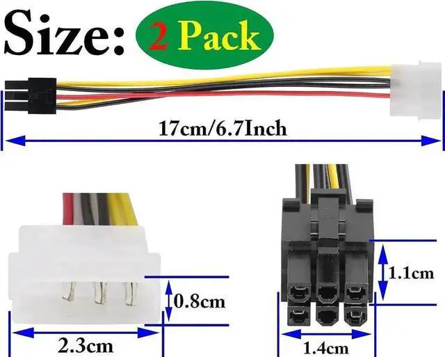 Alt view image 4 of 7 - 4 Pin Molex Male to 6 Pin PCIe Male Graphics Card Power Adapter Cable, Molex to PCI-E 6Pin Express Power Conversion Cord for GPU Video Card Power Supply Connection, 17cm Length, Pack of 2