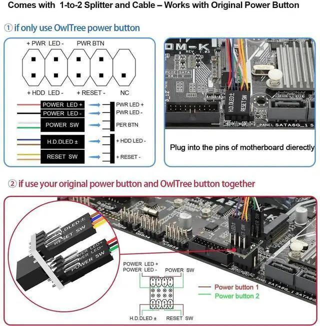 Alt view image 3 of 7 - PC Power Button Switch Splitter, Universal Desktop ON Off Reset SW HDD LED External Power Supply Button Extension Cable for All Computer Motherboard