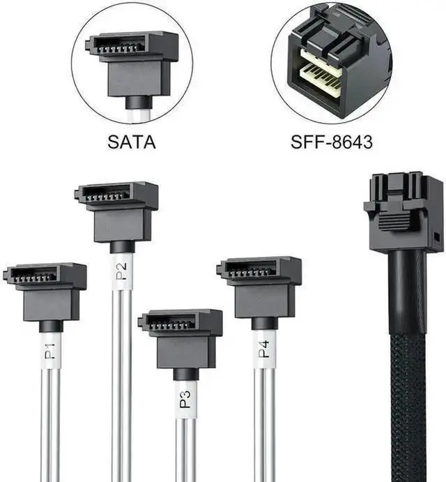 Alt view image 5 of 7 - Internal Mini SAS HD SFF-8643 to 4 Right Angle SATA Cable with Sideband Signal, Support 12Gbps SAS & 6Gbps SATA Hard Drives, SFF8643 to 4xSATA Server Storage Cord, 0.5 Meter / 1.64FT for RAID Controll