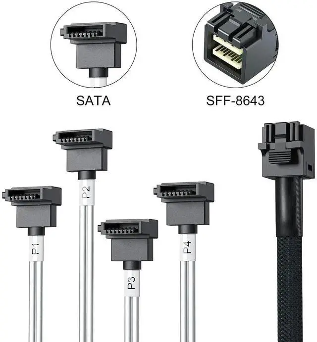 Alt view image 3 of 7 - Internal Mini SAS HD SFF-8643 to 4 Right Angle SATA Cable with Sideband Signal, Support 12Gbps SAS & 6Gbps SATA Hard Drives, SFF8643 to 4xSATA Server Storage Cord, 0.5 Meter / 1.64FT for RAID Controll