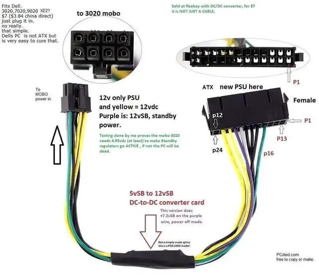 Alt view image 6 of 6 - 24 Pin to 8 Pin ATX PSU Power Adapter Cable, 12 Inch (30cm) Mainboard Power Conversion Cord Compatible with Dell Optiplex 3020 7020 9020, Precision T1700, Standard ATX Power Supply Upgrade Replacement